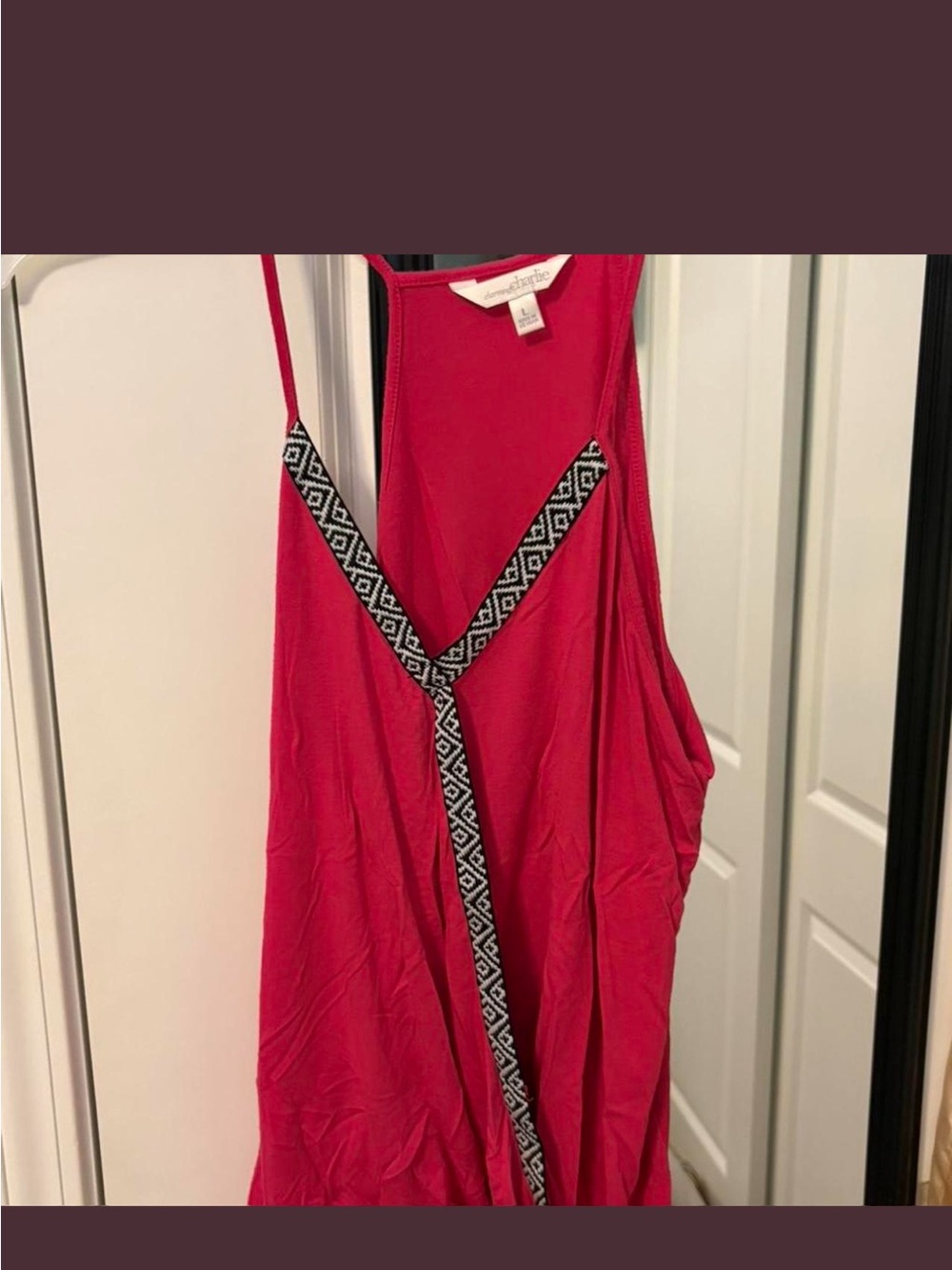 Charlies Red Tank with Black-and-White Patterned Trim